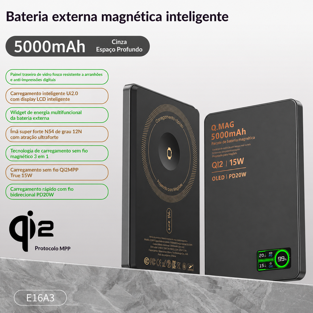 PowerBank Sem Fio Magnético Ultrafino MPP Control