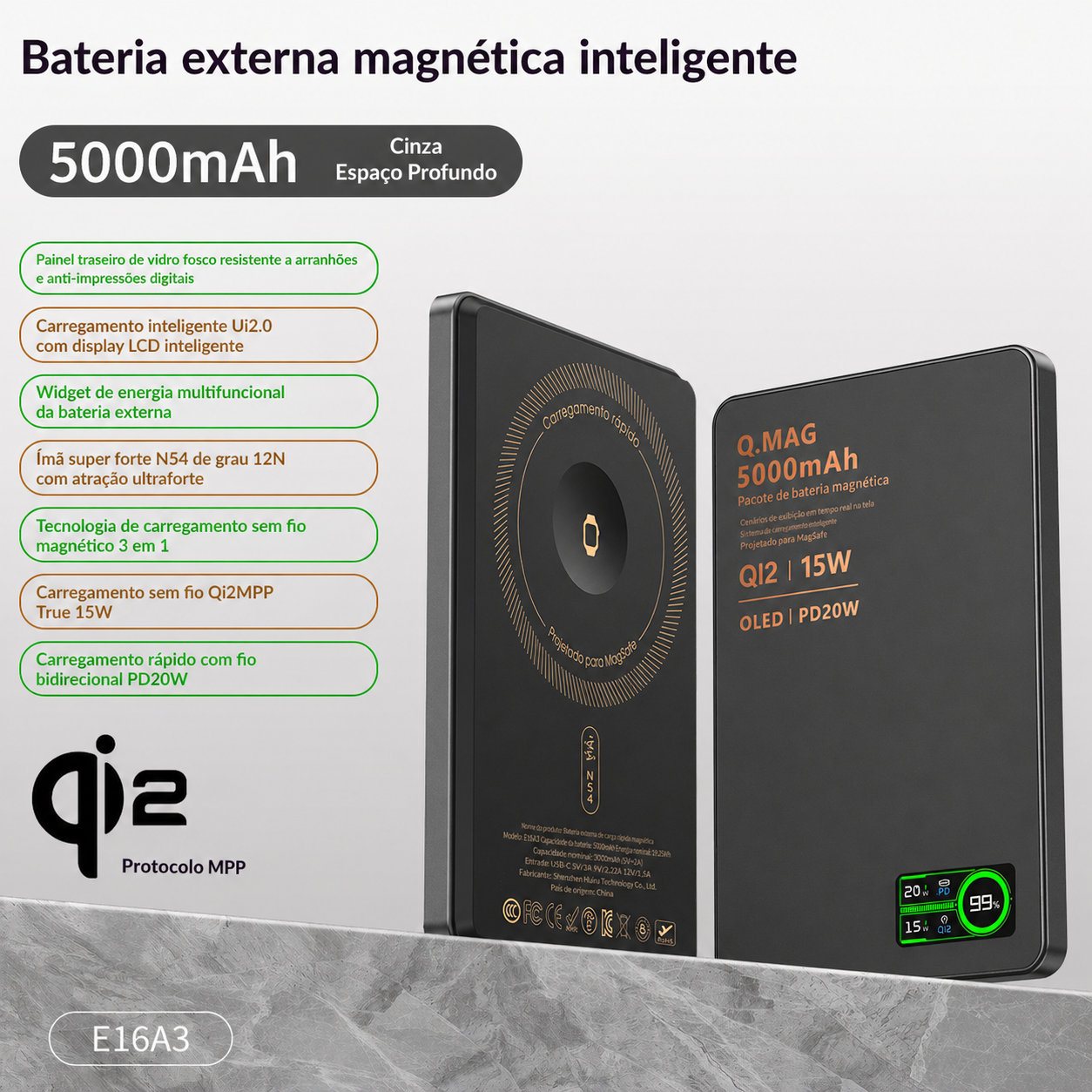 PowerBank Sem Fio Magnético Ultrafino MPP Control
