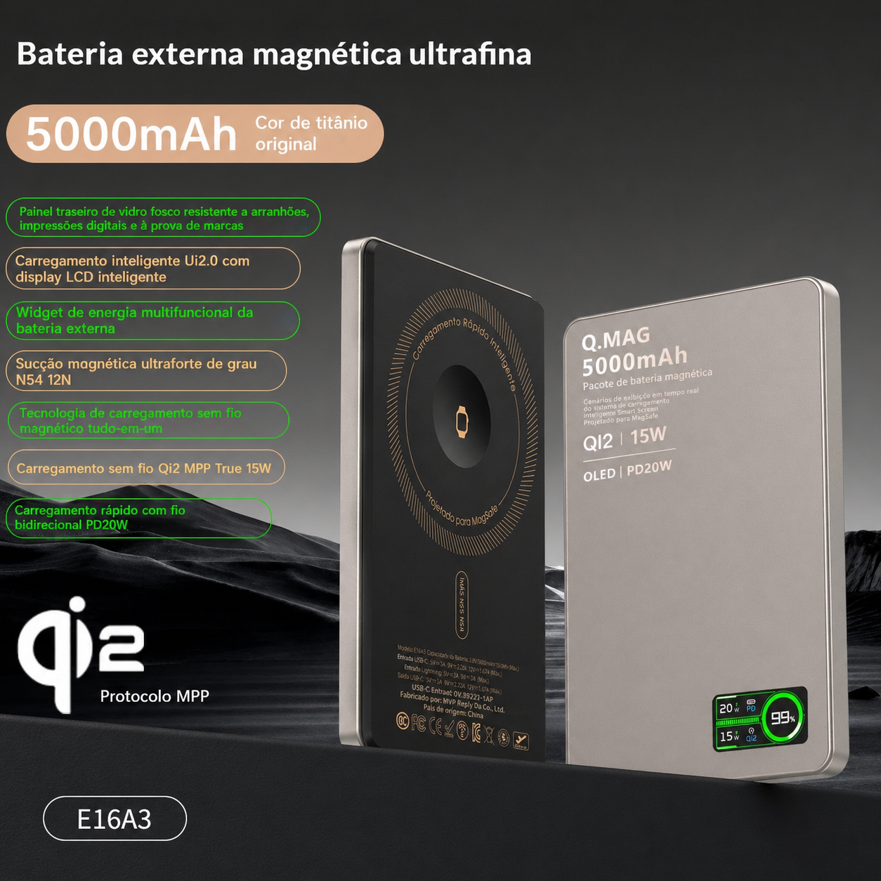 PowerBank Sem Fio Magnético Ultrafino MPP Control